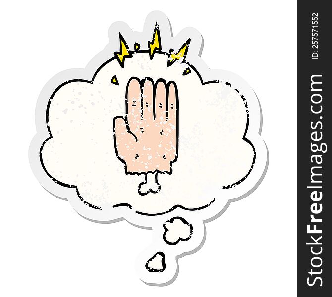 Cartoon Magic Halloween Zombie Hand And Thought Bubble As A Distressed Worn Sticker