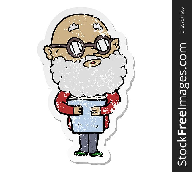 Distressed Sticker Of A Cartoon Curious Man With Beard And Glasses