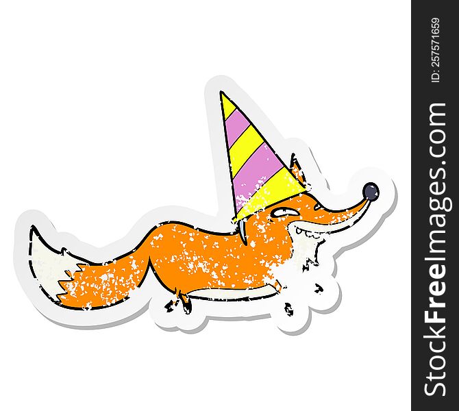 distressed sticker of a cartoon sly fox in party hat