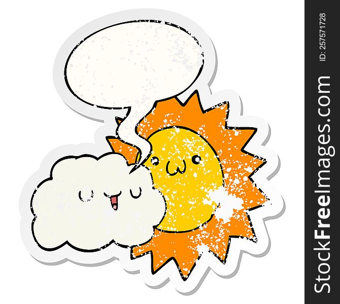 Cartoon Sun And Cloud And Speech Bubble Distressed Sticker
