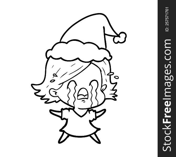 hand drawn line drawing of a woman crying wearing santa hat