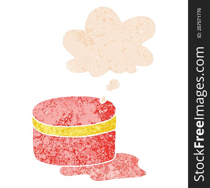 cartoon beauty lotion tub and thought bubble in retro textured style