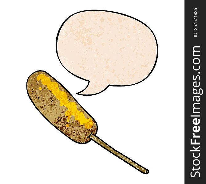 cartoon hotdog on a stick with speech bubble in retro texture style