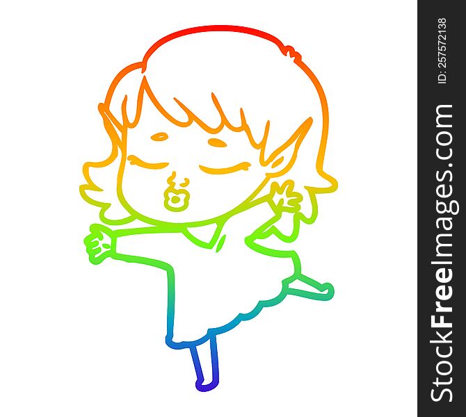 rainbow gradient line drawing of a pretty cartoon elf girl dancing