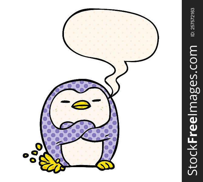 cartoon penguin tapping foot with speech bubble in comic book style