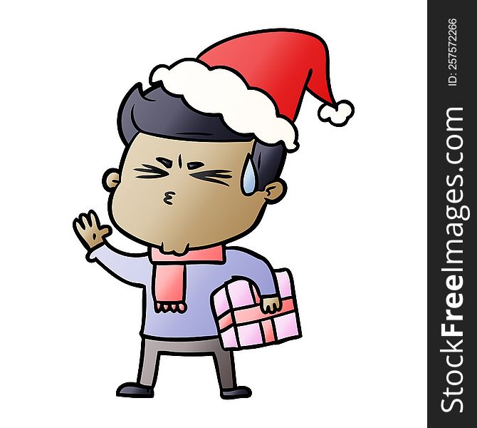 Gradient Cartoon Of A Man Sweating Wearing Santa Hat