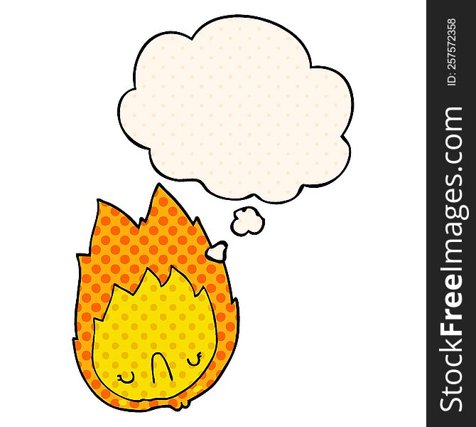 cartoon unhappy flame with thought bubble in comic book style