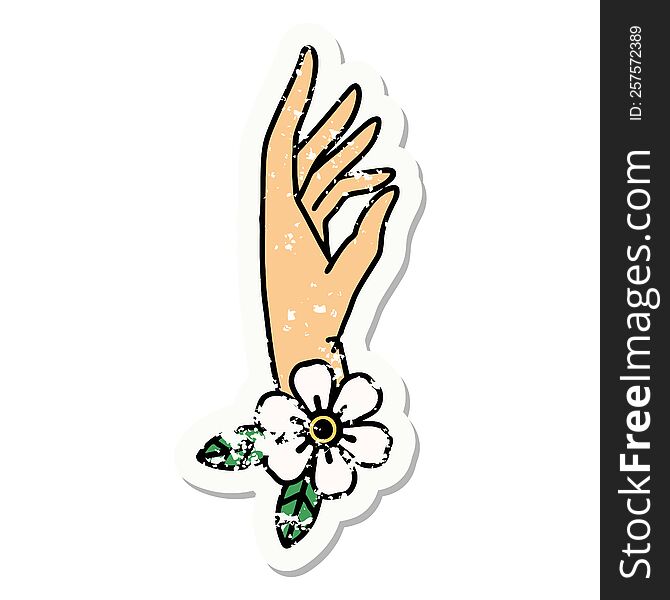 distressed sticker tattoo in traditional style of a hand and flower. distressed sticker tattoo in traditional style of a hand and flower