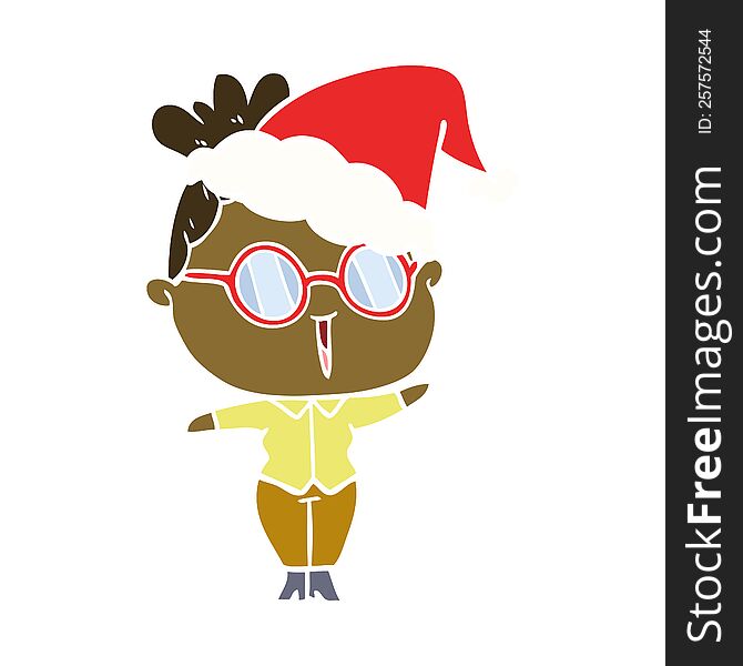 hand drawn flat color illustration of a woman wearing spectacles wearing santa hat