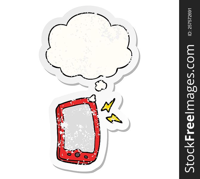 cartoon mobile phone with thought bubble as a distressed worn sticker