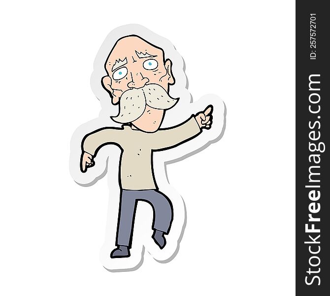sticker of a cartoon sad old man pointing