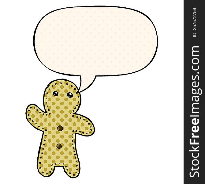 cartoon gingerbread man with speech bubble in comic book style