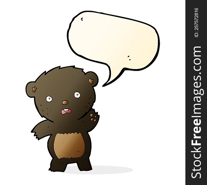 Cartoon Waving Black Bear Cub With Speech Bubble