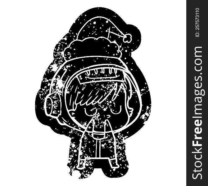 Cartoon Distressed Icon Of A Astronaut Woman Wearing Santa Hat