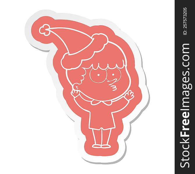 quirky cartoon  sticker of a curious boy wearing santa hat