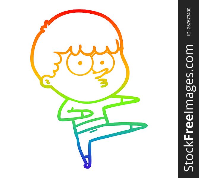 rainbow gradient line drawing of a cartoon curious boy dancing
