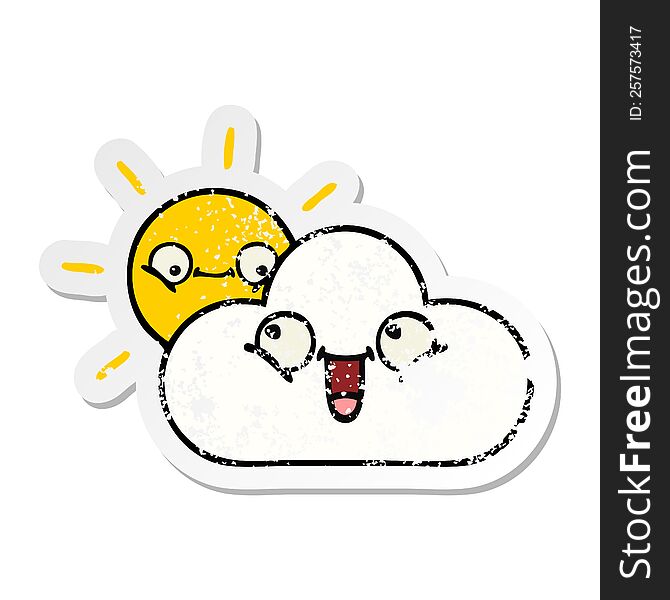 distressed sticker of a cute cartoon sunshine and cloud