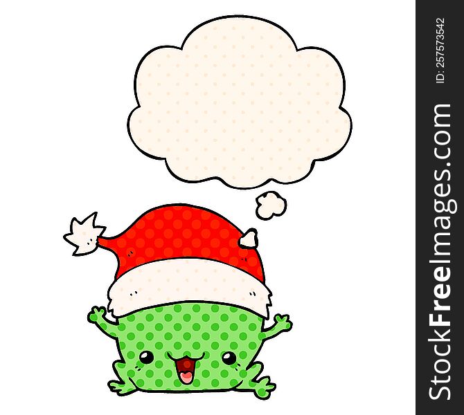 cute cartoon christmas frog with thought bubble in comic book style