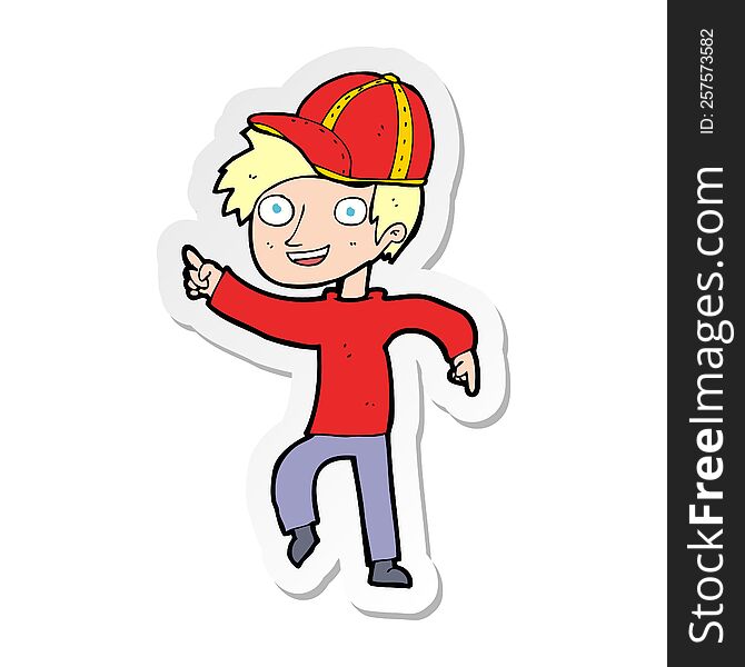 sticker of a cartoon boy in cap pointing