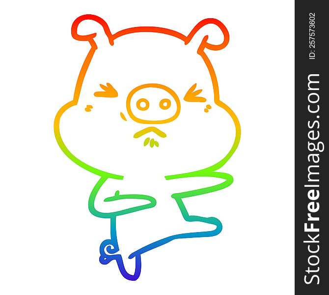 Rainbow Gradient Line Drawing Cartoon Angry Pig Kicking Out