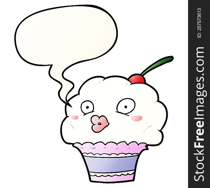 Funny Cartoon Cupcake And Speech Bubble In Smooth Gradient Style