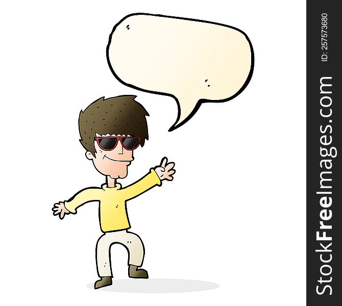 cartoon waving cool guy with speech bubble