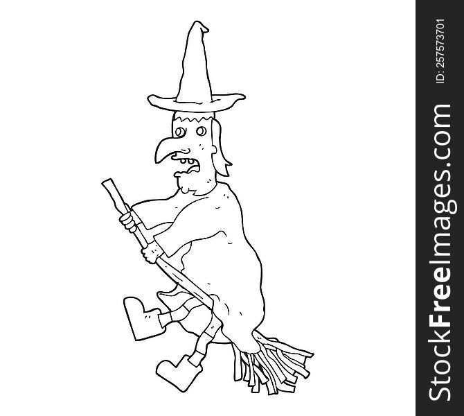 Black And White Cartoon Witch Flying On Broom