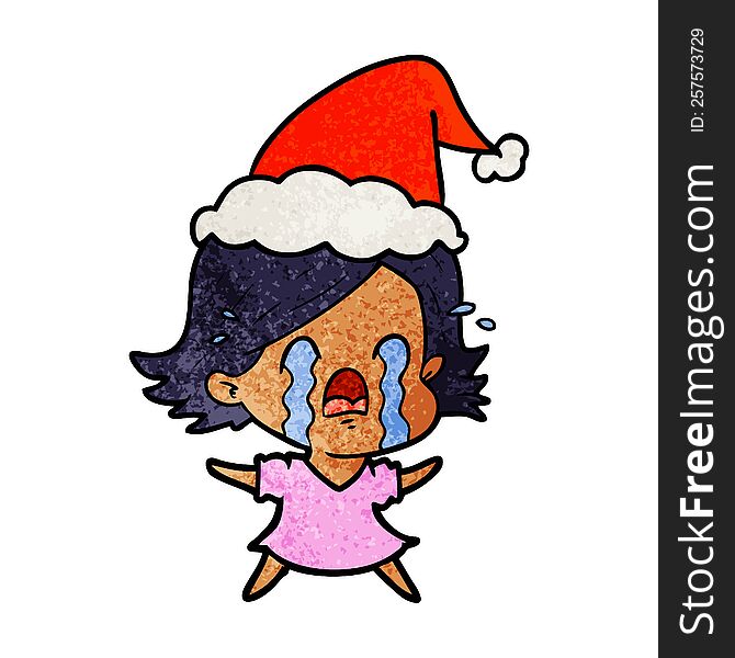 Textured Cartoon Of A Woman Crying Wearing Santa Hat