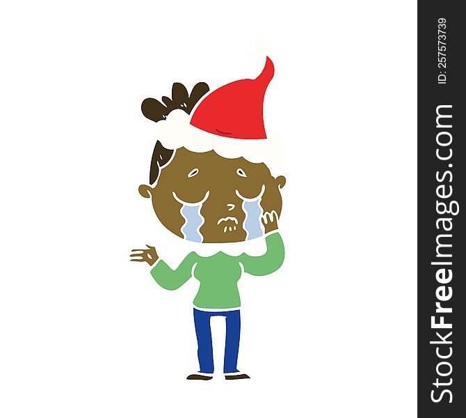 Flat Color Illustration Of A Crying Woman Wearing Santa Hat