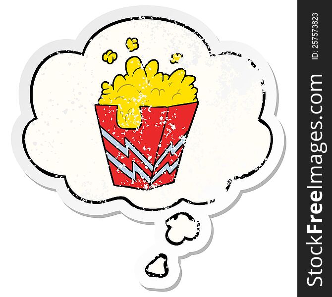 cartoon box of popcorn with thought bubble as a distressed worn sticker