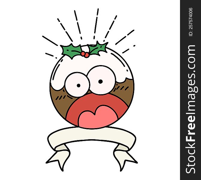 banner with tattoo style shocked christmas pudding