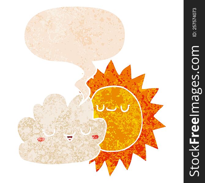 Cartoon Sun And Cloud And Speech Bubble In Retro Textured Style