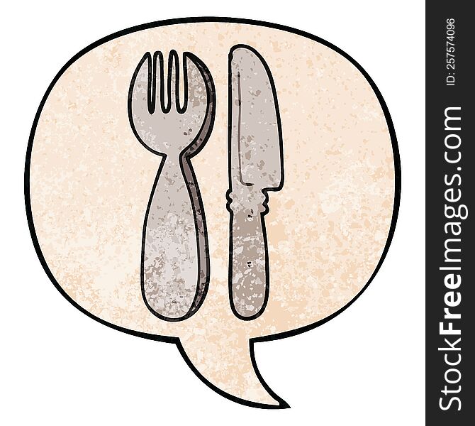 cartoon knife and fork with speech bubble in retro texture style