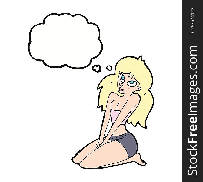 cartoon woman in skimpy clothing with thought bubble