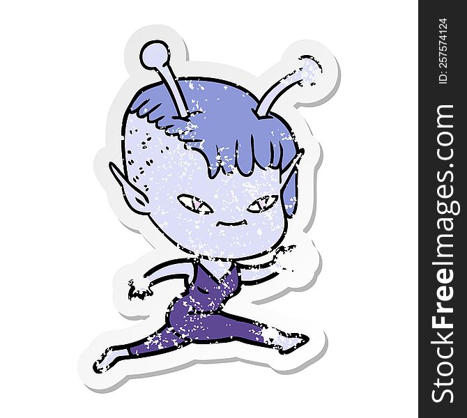 Distressed Sticker Of A Cute Cartoon Alien Girl