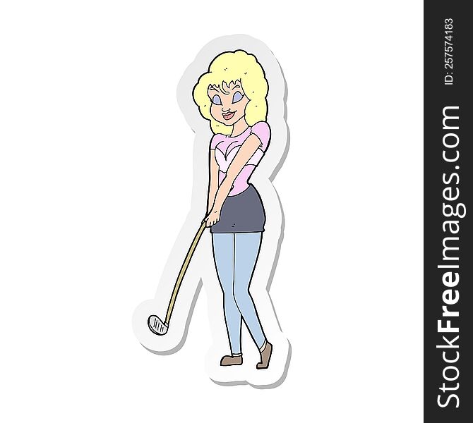 Sticker Of A Cartoon Woman Playing Golf