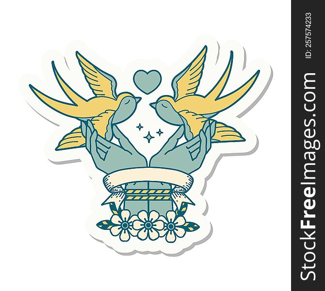 tattoo style sticker with banner of tied hands and swallows