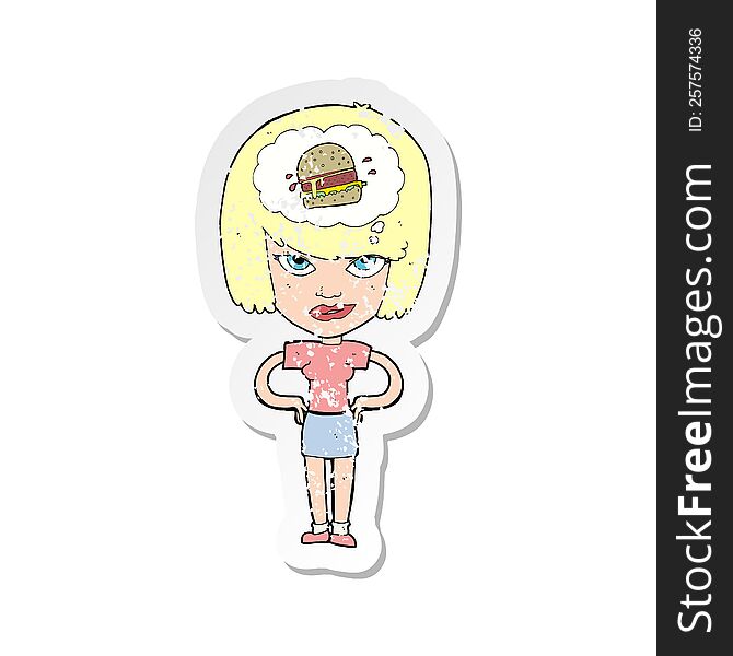 Retro Distressed Sticker Of A Cartoon Woman Thinking About Junk Food