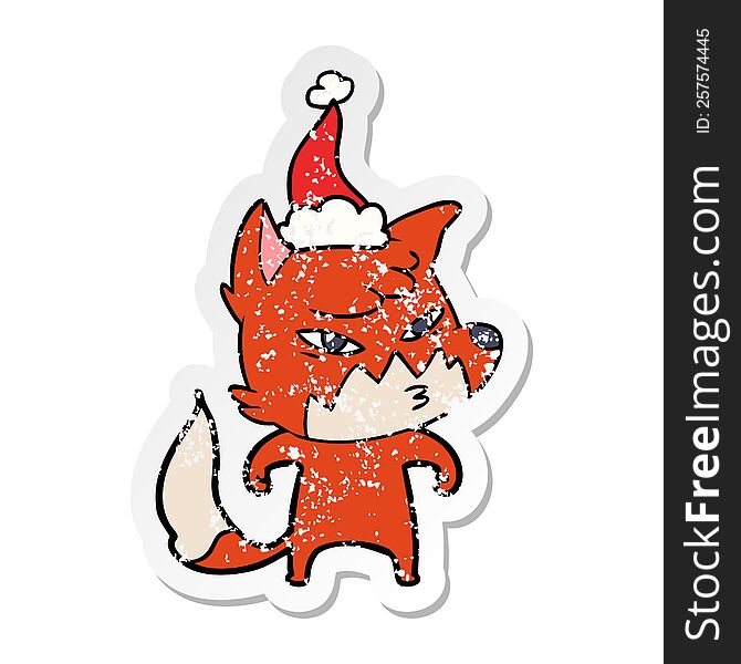 Clever Distressed Sticker Cartoon Of A Fox Wearing Santa Hat