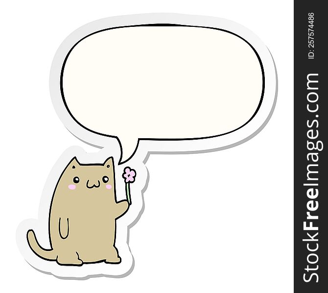 Cute Cartoon Cat And Flower And Speech Bubble Sticker