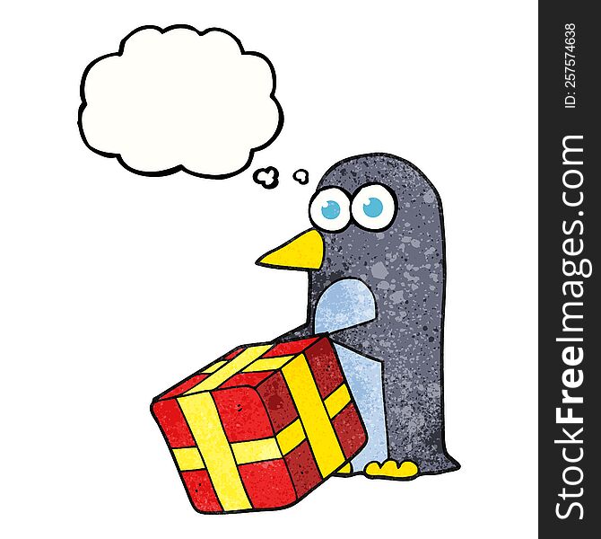 Thought Bubble Textured Cartoon Penguin With Christmas Present