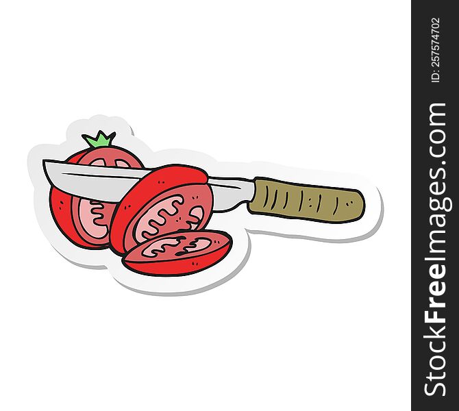 sticker of a cartoon knife slicing a tomato