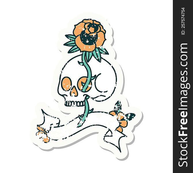 Grunge Sticker With Banner Of A Skull And Rose