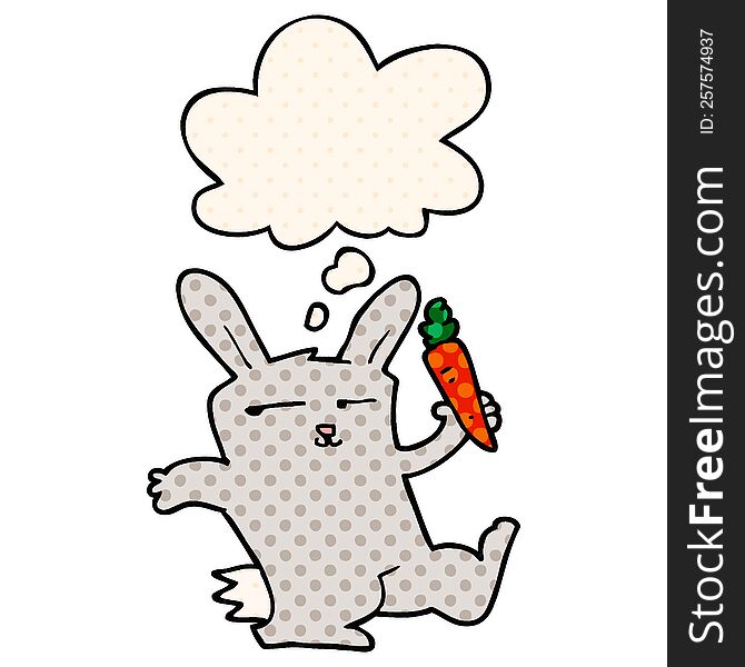 Cartoon Rabbit With Carrot And Thought Bubble In Comic Book Style