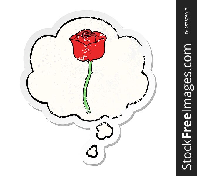 cartoon rose with thought bubble as a distressed worn sticker