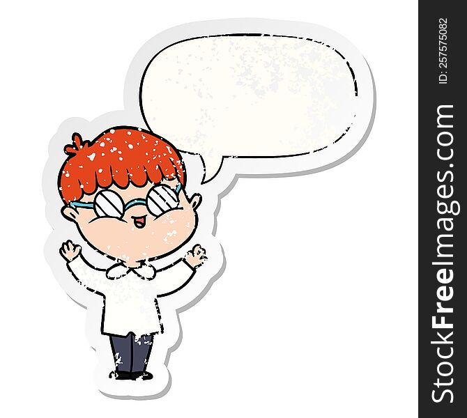 cartoon boy wearing spectacles with speech bubble distressed distressed old sticker. cartoon boy wearing spectacles with speech bubble distressed distressed old sticker
