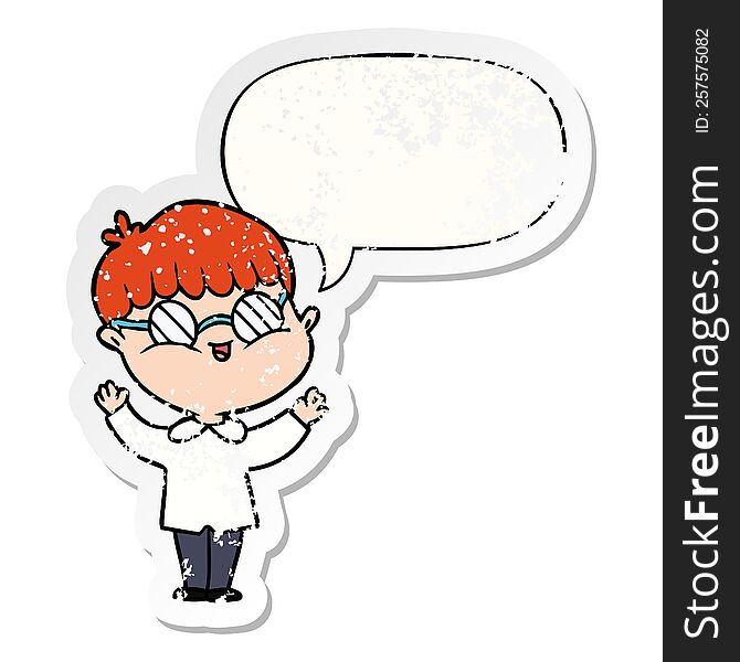 cartoon boy wearing spectacles and speech bubble distressed sticker