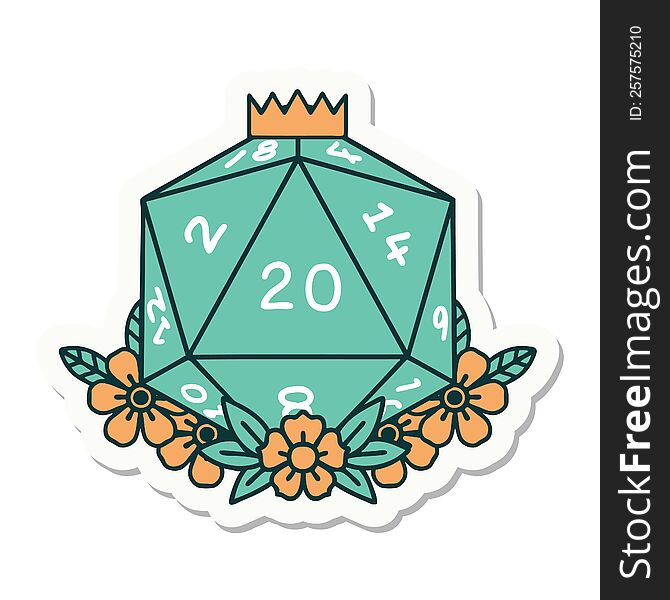 Natural 20 D20 Dice Roll With Floral Elements Sticker