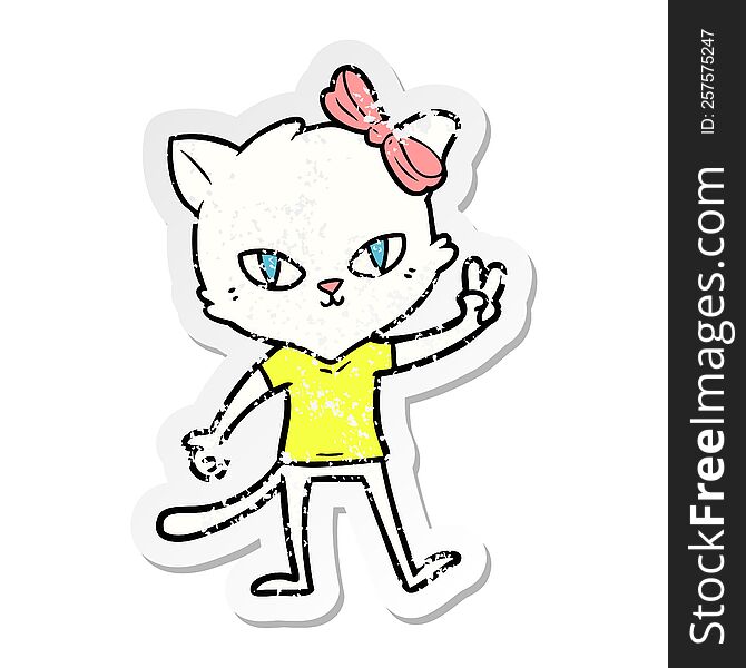 distressed sticker of a cute cartoon cat girl giving peace sign