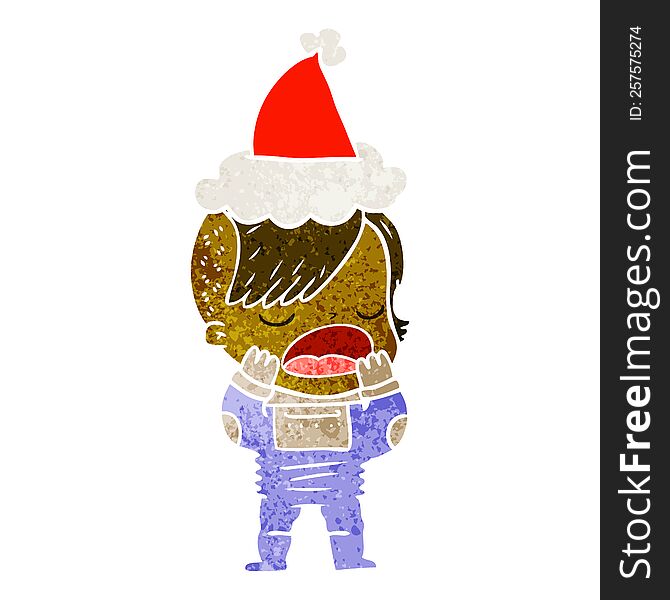 Retro Cartoon Of A Cool Hipster Girl In Space Suit Wearing Santa Hat